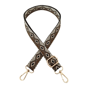Detail of colorful geometric diamond pattern woven bag strap with gold metal lobster clasps