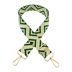 Detail of adjustable green and beige geometric woven wide shoulder strap with gold hardware
