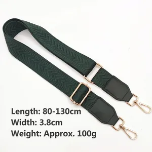 Adjustable dark green 3.8cm shoulder strap with golden metal hooks and 80-130cm length