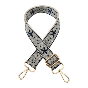 Adjustable 3.8cm ethnic jacquard shoulder strap with navy floral patterns and gold hooks