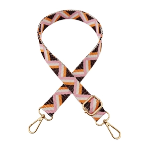 Macro detail of adjustable woven strap with pink geometric pattern and gold swivel clasp