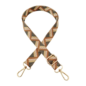 Macro shot of adjustable woven strap with green chevron pattern and gold metal buckles