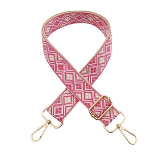 Ethnic rose pink and beige geometric woven shoulder strap with gold metal buckles