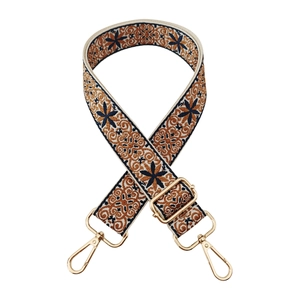 Adjustable 3.8cm ethnic jacquard bag strap with gold metal buckles and boho pattern