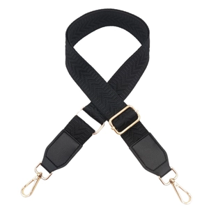 Adjustable black chevron pattern bag strap with gold hooks and PU leather ends