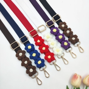 Colorful handmade crochet flower bag straps with golden metal hooks in six vibrant colors
