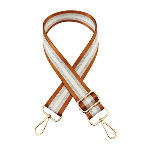 Adjustable 3.8cm silver silk striped shoulder strap with gold metal hooks on white background