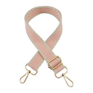 Pink and beige jacquard chevron bag strap with adjustable gold-tone metal hardware