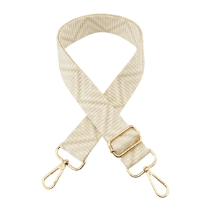 Close-up of beige woven replacement shoulder strap with adjustable gold lobster clasps