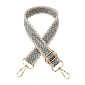Macro shot of chevron pattern fabric strap with adjustable gold-tone metal hardware
