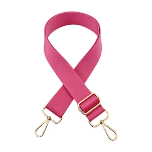 Close-up of rose red thick guitar strap with gold lobster clasps and metal buckle