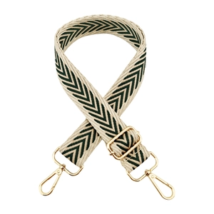 Close-up of green and beige jacquard bag strap with gold metal hooks and buckle