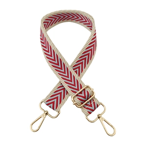 Detail of adjustable woven bag strap with red and blue geometric chevron pattern