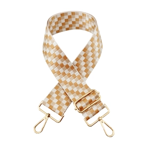 Adjustable checkerboard woven strap with gold metal hardware and swivel hooks