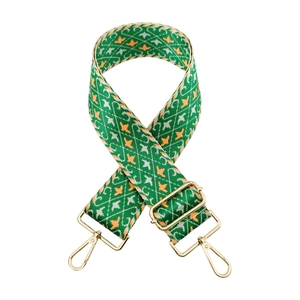 Adjustable wide nylon shoulder strap with green and orange geometric jacquard pattern