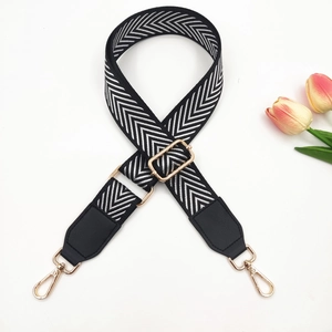 Adjustable black and white chevron wide strap for bags with gold metal clasps