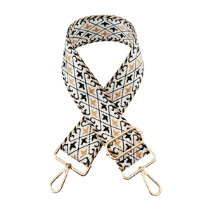 Detail of adjustable geometric jacquard nylon bag strap with gold metal swivel hooks