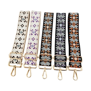 Adjustable thickened jacquard bag straps with folk patterns and gold metal buckles