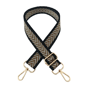Detail of adjustable woven chevron strap with gold metal swivel hooks and buckles