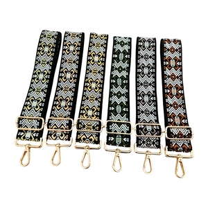Adjustable wide jacquard bag strap with geometric patterns and golden metal hooks