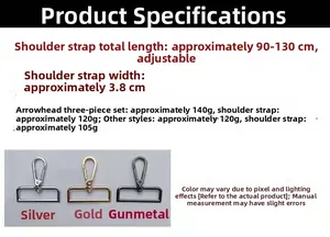 Close-up of adjustable strap metal buckles in silver, gold, and gunmetal finishes