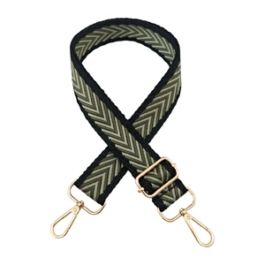 Detail of adjustable woven jacquard guitar strap with gold hooks and chevron pattern