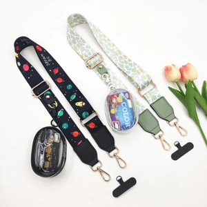 Adjustable wide fabric phone straps with space and leopard patterns plus mini pouches