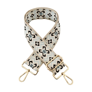 Adjustable jacquard wide shoulder strap with ethnic pattern and gold metal hooks