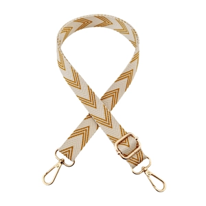 Adjustable crossbody bag strap with yellow chevron pattern and gold metal hooks