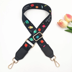 Adjustable cosmos print bag strap with planets and Dream BIG text on white background