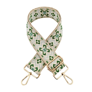 Detail of jacquard embroidered bag strap with floral patterns and gold lobster clasps