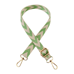Detail view of adjustable green herringbone strap with shiny gold lobster clasps
