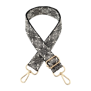 Adjustable black and white geometric guitar style bag strap with gold metal buckles