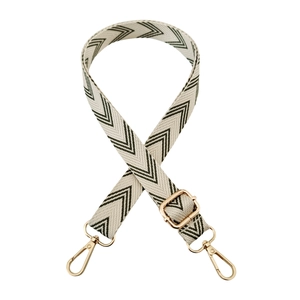 Detail of adjustable woven shoulder strap with green V-pattern and gold metal lobster clasps