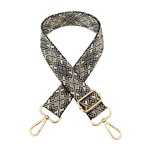 Black and white geometric jacquard woven bag strap with gold metal lobster clasps