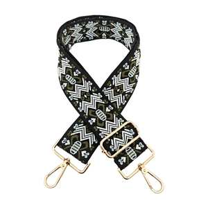 Close-up of jacquard woven geometric patterns on adjustable wide guitar style bag strap