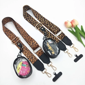 Leopard print wide canvas phone strap with detachable clear zipper pouch and gold clips