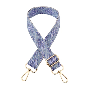 Detail of adjustable blue and white geometric jacquard strap with gold metal hooks