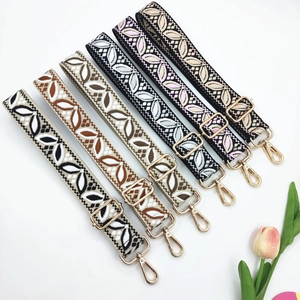 Bandoulières larges en jacquard à motifs de feuilles réglables avec boucles en métal doré