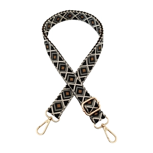 Ethnic style geometric diamond pattern bag strap with adjustable golden metal buckles