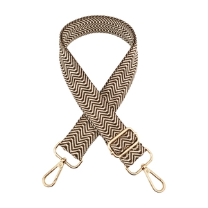 Detail of 3.8cm wide woven chevron bag strap with gold metal lobster clasps and buckle