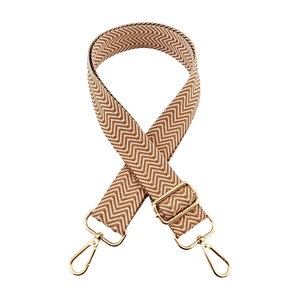 Macro detail of 3.8cm wide jacquard strap with herringbone weave and gold metal hardware