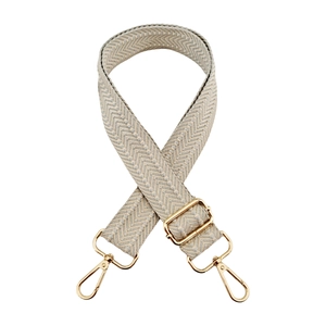 Close-up of 3.8cm wide woven shoulder strap with herringbone pattern and gold hardware