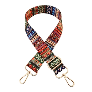 Adjustable bohemian wide shoulder strap with colorful tribal pattern and gold metal hooks