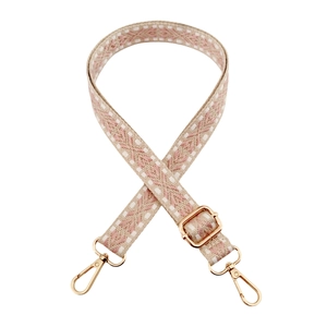 Pink and beige jacquard woven 2.5cm adjustable bag strap with gold lobster clasps