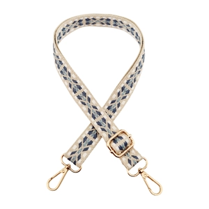 Detail of adjustable 2.5cm jacquard strap with gold alloy lobster clasps and geometric pattern