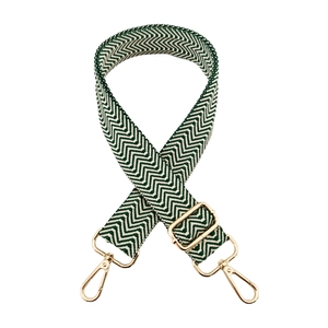Detail of 3.8cm green herringbone woven bag strap with polished gold swivel snap hooks