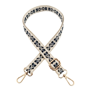 Close-up of geometric patterned shoulder strap with polished gold-tone metal hooks