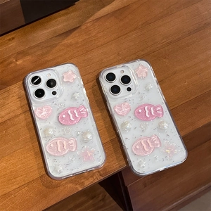 Pink shell pearl fish glitter phone case for iPhone 16 series with 3D cute sea theme