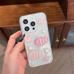Pink shell pearl fish glitter case for iPhone 16 Pro with cute 3D ornaments
